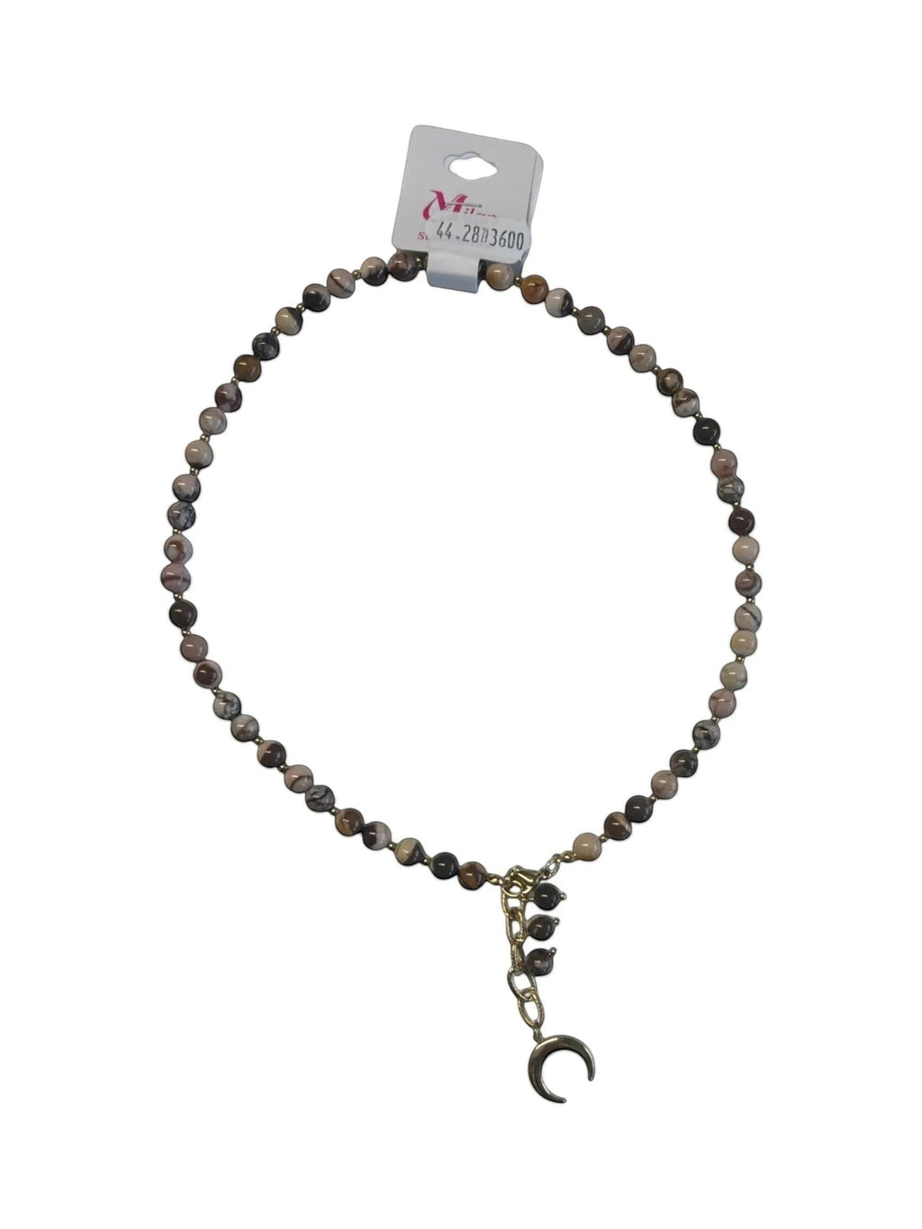 cudoVnia.pl beaded necklace with crescent moon charm, earthy tones, gold-tone chain, bohemian style