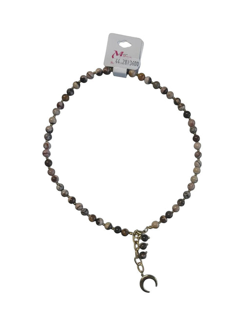 cudoVnia.pl beaded necklace with crescent moon charm, earthy tones, gold-tone chain, bohemian style