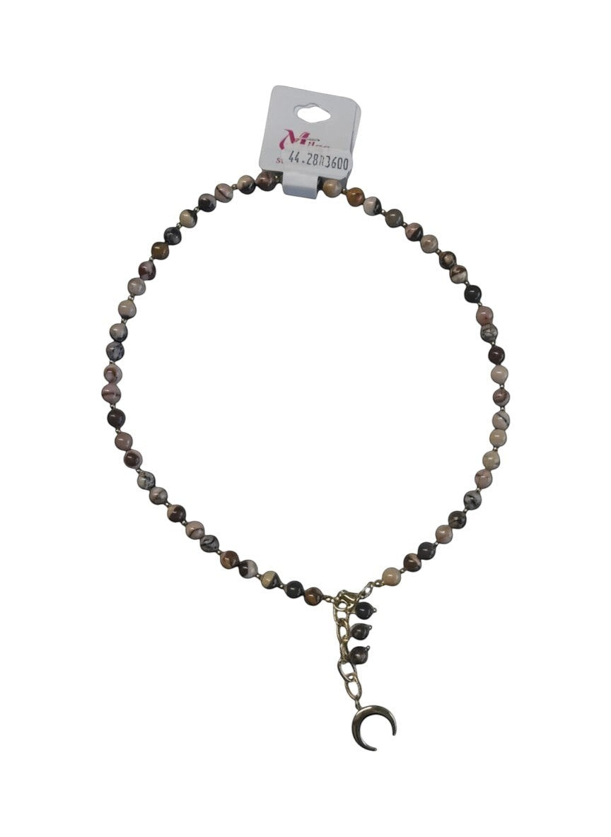 cudoVnia.pl beaded necklace with crescent moon charm in earthy tones, gold-tone chain, bohemian style.