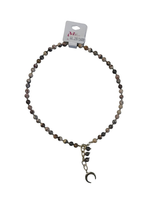 cudoVnia.pl beaded necklace with crescent moon charm in earthy tones, gold-tone chain, bohemian style.